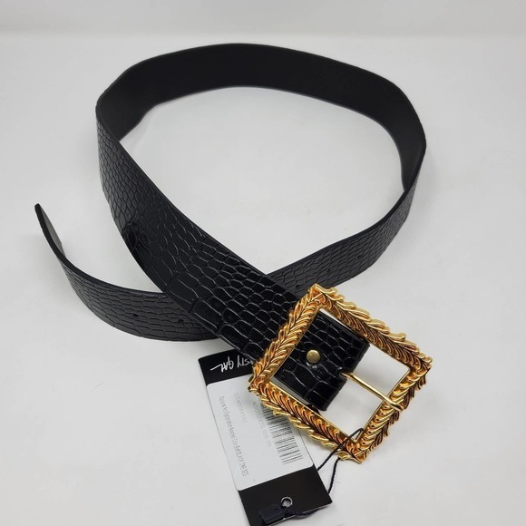 Nasty Gal Croc Black Faux Leather Belt New With Tags Gold Tone Buckle - Picture 6 of 7